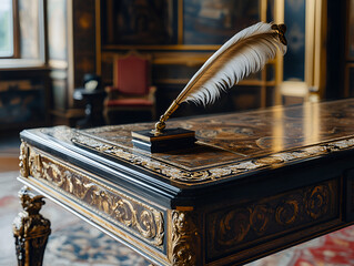 Exquisite Quill Pen on Ornate Desk: A striking quill pen with a golden nib rests elegantly upon a richly decorated desk, creating a scene of historical elegance and refined artistry.
