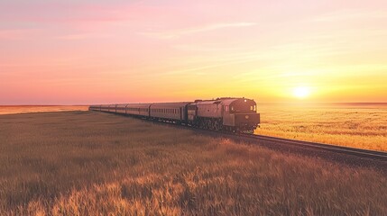 Fototapeta premium Scenic Train Journey Through Rural Landscape at Sunset