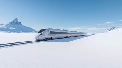 Fototapeta premium Train Traveling Across Snowy Landscape with Mountain View