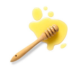Sweet honey and wooden dipper isolated on white background