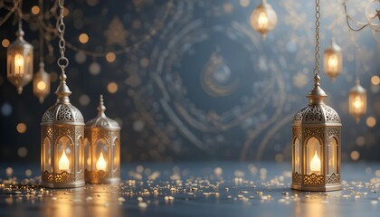 Obraz premium An elegant Ramadan decorative background with delicate beautiful lanterns