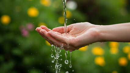 An intimate shot of water streaming onto a woman's hand, illustrating the theme of nature with a garden in the background