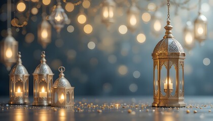 Obraz premium An elegant Ramadan decorative background with delicate beautiful lanterns