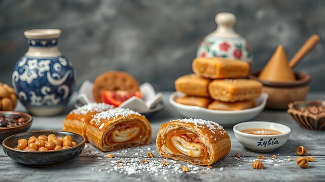 Traditional Chinese dessert caramel treats, also known as sachima, displayed beautifully on a wooden table with a rustic background, Asia, snack, pastry