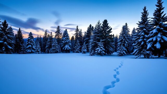 Winter wonderland scene with snow-covered pine trees and footprints in the snow around evergreen trees under a twilight sky, landscape, scenery, snowy landscape - Powered by Adobe