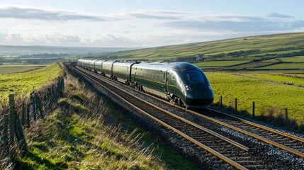 Fototapeta premium High-Speed Train Racing Across Scenic Countryside Landscape