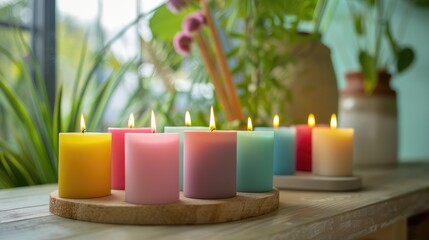 Vibrant Colorful Candles on Wooden Table with Lush Greenery
