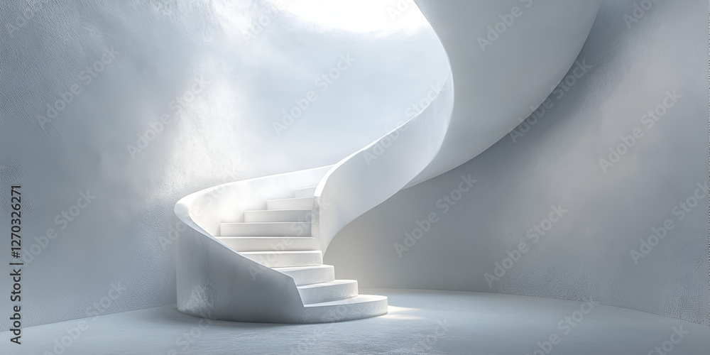Poster ascending serenity: a captivating spiral staircase ascends towards a light-filled opening, casting s