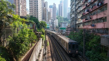 Naklejka premium Commuter Train Passing Through Cityscape Surrounded by Skyscrapers