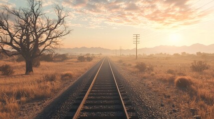 Obraz premium Scenic Rural Train Ride Along the Tracks in Golden Sunset Light