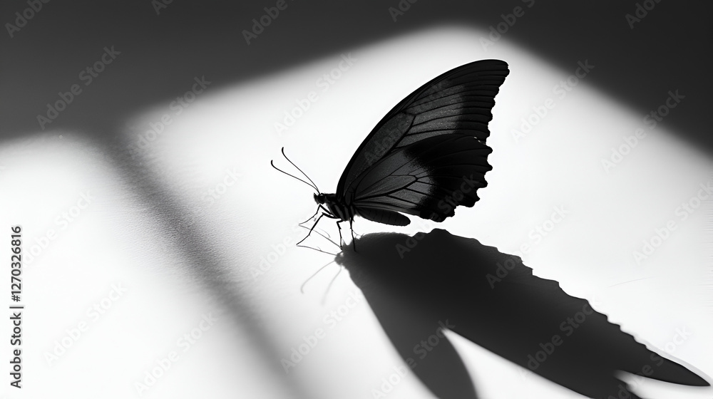 Poster ephemeral beauty: a captivating monochrome image of a butterfly casts a striking shadow on the surfa
