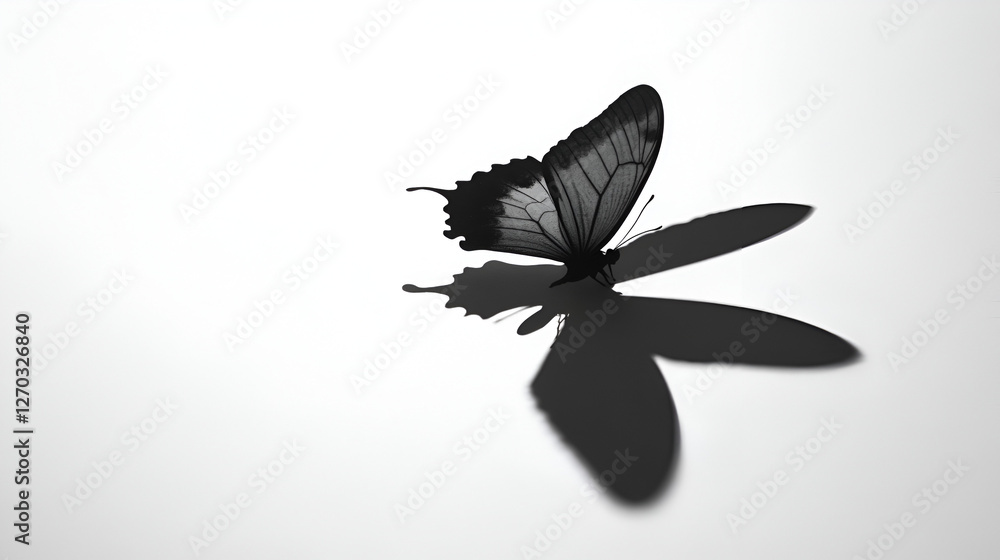 Poster butterfly and shadow in monochrome: a delicate butterfly rests, its form contrasted against a dramat