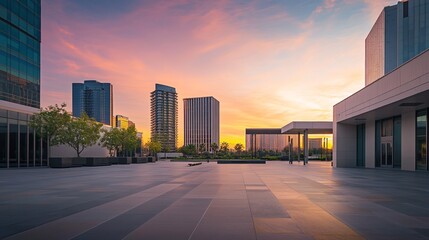 Obraz premium A modern city plaza with a skyline at sunrise. Featuring hope and new beginnings