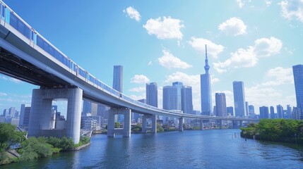 Obraz premium Modern Bullet Train Gliding Over Water with City Skyline View