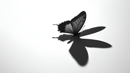 Butterfly and Shadow in monochrome: A delicate butterfly rests, its form contrasted against a dramatic shadow, creating a visually striking composition with a blend of lightness and depth.
