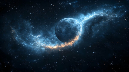 Obraz premium Mystical Blue Planet Surrounded by Cosmic Nebula and Stars