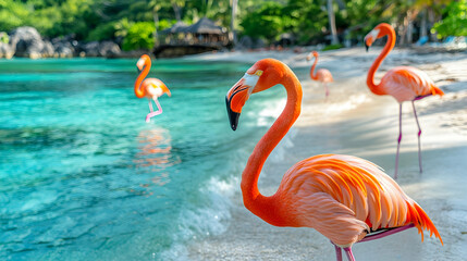 Fototapeta premium Vibrant Flamingos Walking Along Tropical Beach with Clear Water