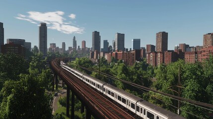 Fototapeta premium Commuter Train Passing Through Urban Landscape Under Clear Sky