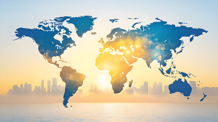 Global sunrise over city skyline world map visualization urban environment inspirational concept