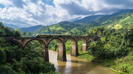 Scenic Historic Train Crossing Over Stone Bridge in Lush Green Landscape