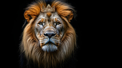 Fototapeta premium Majestic Lion Wearing Crown Surrounded by Dark Background