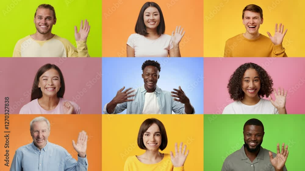 Poster a vibrant collection of individuals from diverse backgrounds waving and smiling joyfully. the multir
