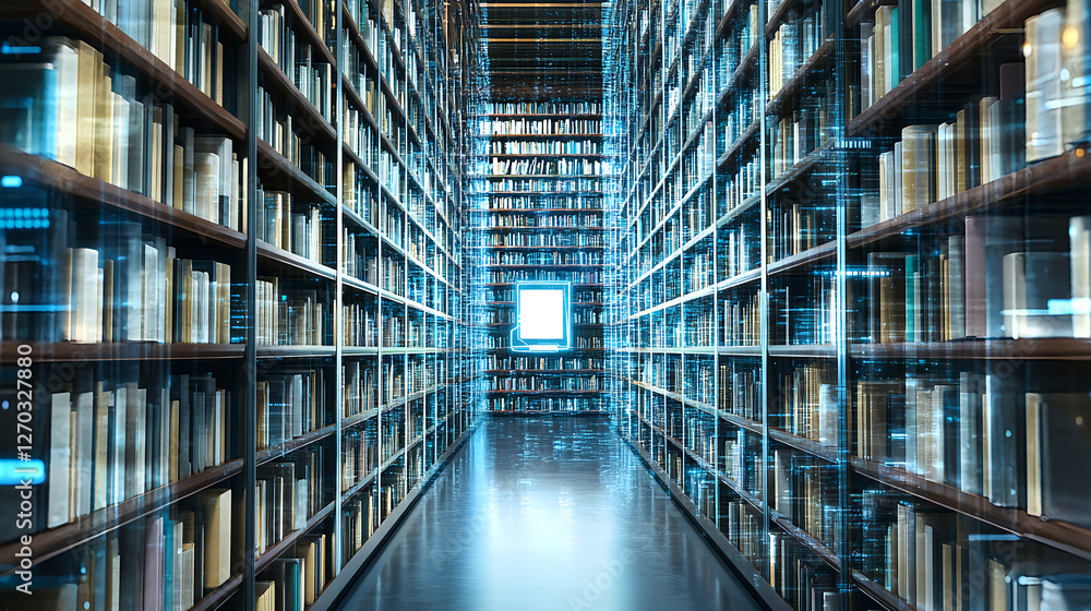 Poster exploring digital archives a virtual library experience modern setting digital images high-tech envi