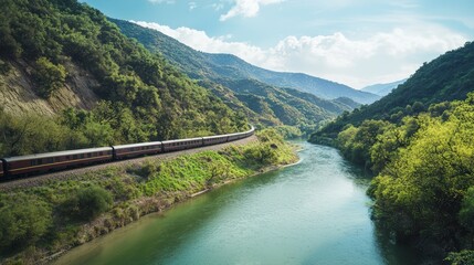 Panoramic View of Scenic Train Moving Along River and Hills