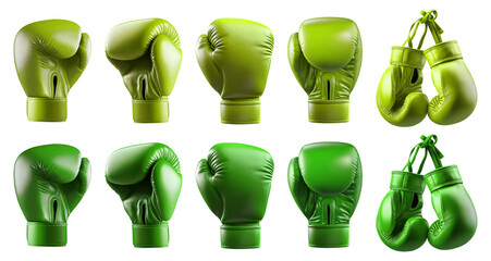 2 Set of dark light green lime boxing leather gloves, front back side, hanging view on transparent cutout PNG file. Many different angle. Mockup template for artwork design