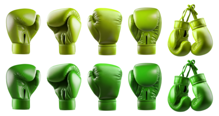2 Set of dark light green lime boxing leather gloves, front back side, hanging view on transparent cutout PNG file. Many different angle. Mockup template for artwork design