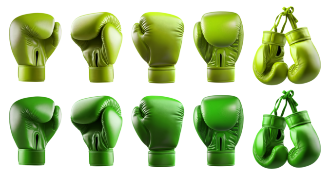 2 Set of dark light green lime boxing leather gloves, front back side, hanging view on transparent cutout PNG file. Many different angle. Mockup template for artwork design