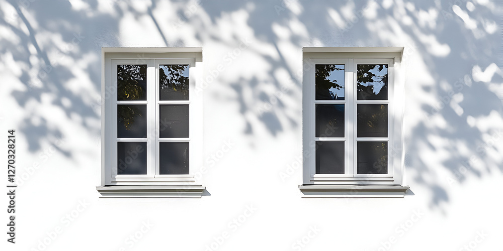 Poster architectural harmony: two symmetrical windows grace a simple facade, their pristine frames mirrorin