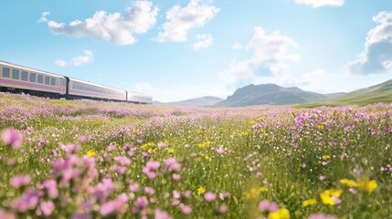 Scenic Train Ride Through Vibrant Flower Fields Under Blue Sky