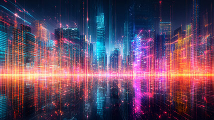 Naklejka premium Vibrant neon cityscape urban jungle digital art nighttime futuristic city reflective environment