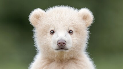 Cute cream polar bear cub portrait, green background