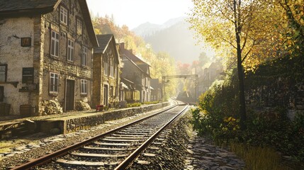 Scenic Train Journey Through an Old Village in Autumn Light