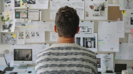 Creative Professional in Design Studio Analyzing Ideas on Bulletin Board