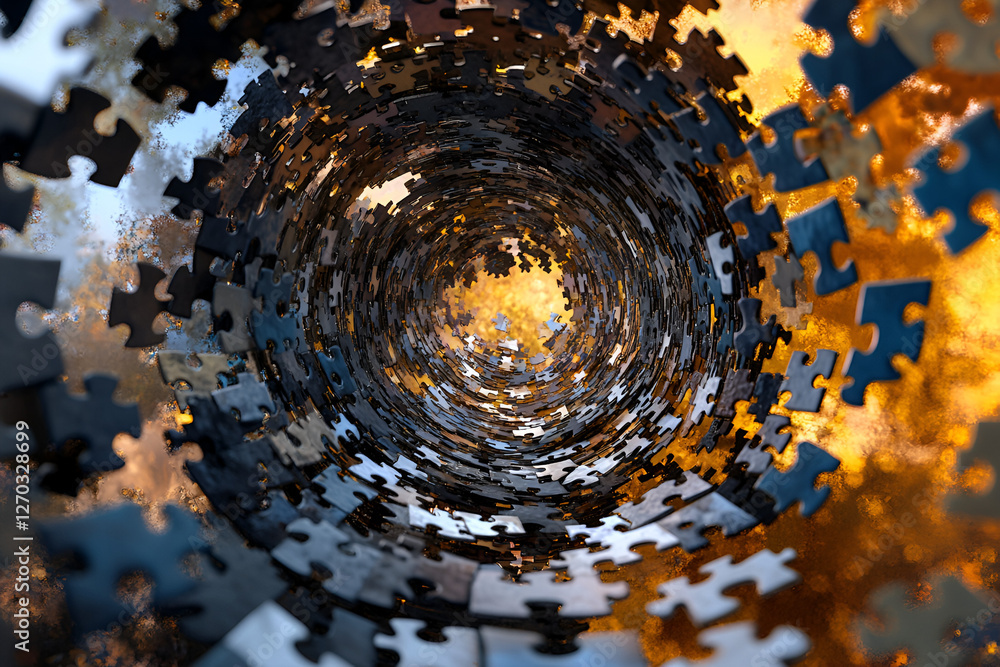 Poster whirlwind of complexity: an abstract spiral of puzzle pieces, swirling into a vortex, suggesting int