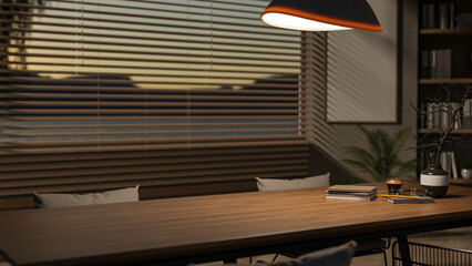 A minimalist hardwood dining or meeting table by the window in a contemporary room.