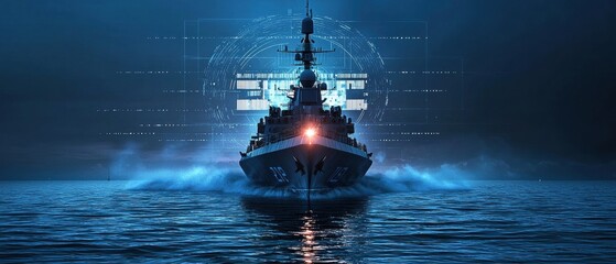Modern Warship with Advanced Radar Detection Systems Navigating Through Dark Waters in a Futuristic Setting, Full Operational Capability Displayed