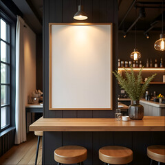 Blank menu board in empty restaurant bar eatery cafe shop interior Modern Contemporary Food Service Industry Architecture Portrait Mockup