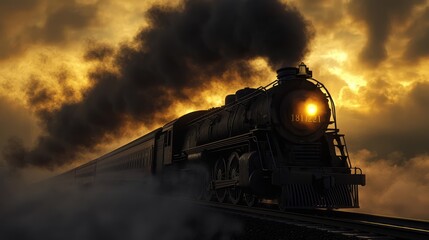 Dramatic Train Scene at Dusk with Smoky Clouds and Glistening Light