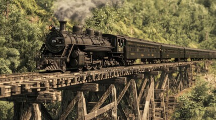 Vintage Passenger Train Approaching Scenic Crossing on Bridge