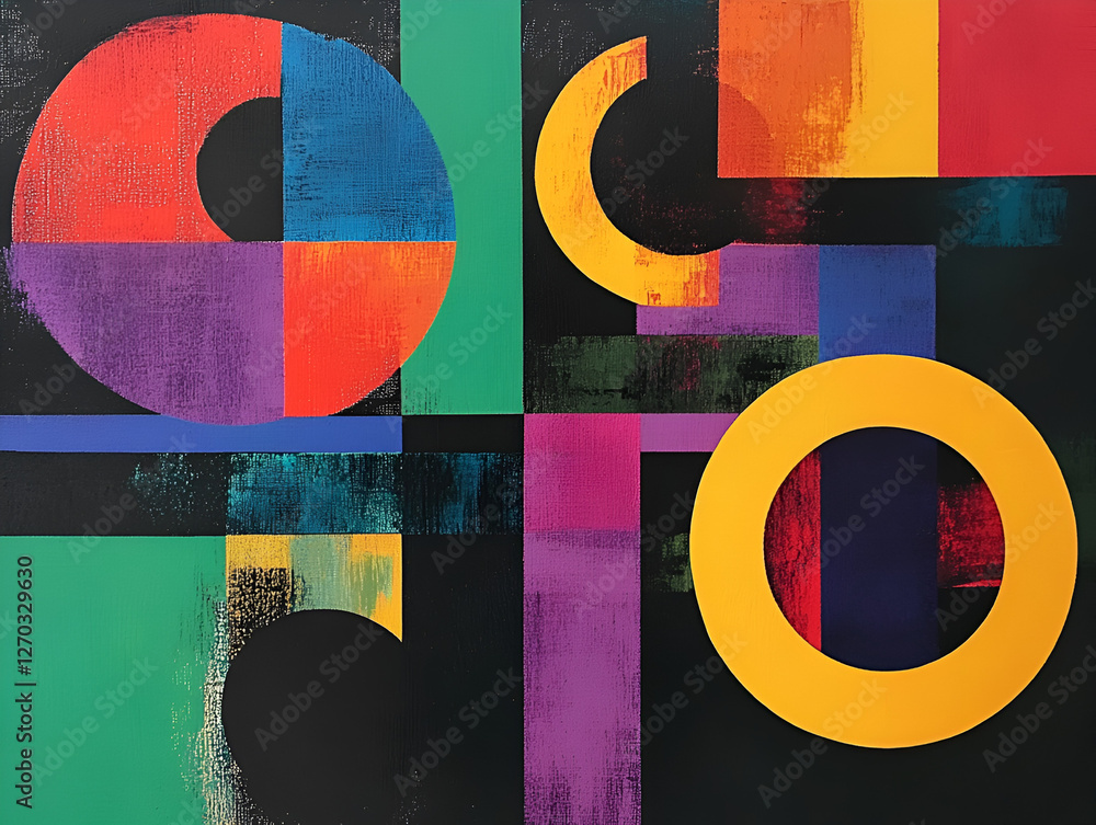 Poster geometric abstraction: a dynamic interplay of vibrant colors and shapes, creating a bold and visuall