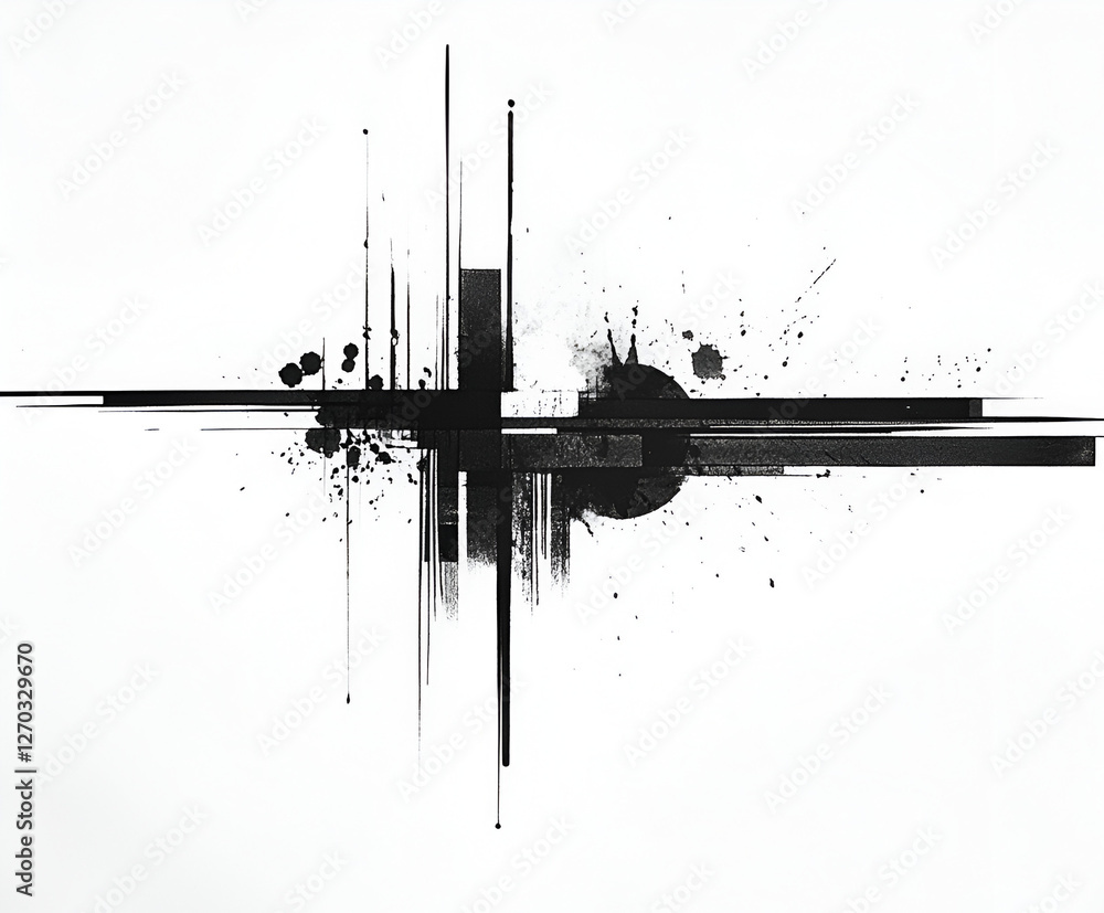 Poster abstract ink splashes: monochrome abstract art featuring bold black ink splashes and geometric lines