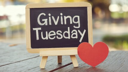 Giving Tuesday is displayed on a chalkboard with a heart