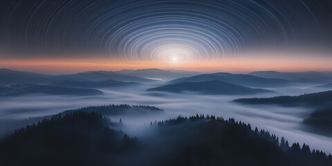 Obraz premium Celestial Serenity: Witness the dawn's embrace over a misty mountain landscape, with star trails weaving a celestial tapestry across the sky, creating a scene of serene wonder.