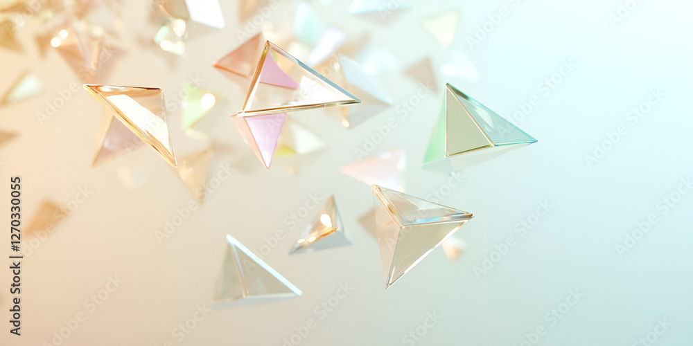 Poster abstract prism gems: a cluster of shimmering prism-shaped gems floats gently against a soft, gradien