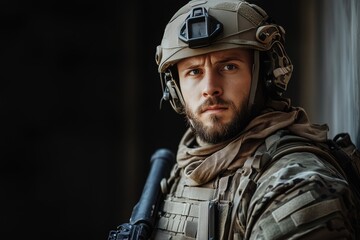 Naklejka premium Dynamic portrait of an airsoft warrior armed for action and ready for agile movement