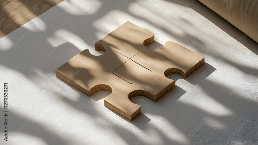 Poster interlocking puzzle piece: a single, meticulously crafted wooden puzzle piece rests on a surface, it